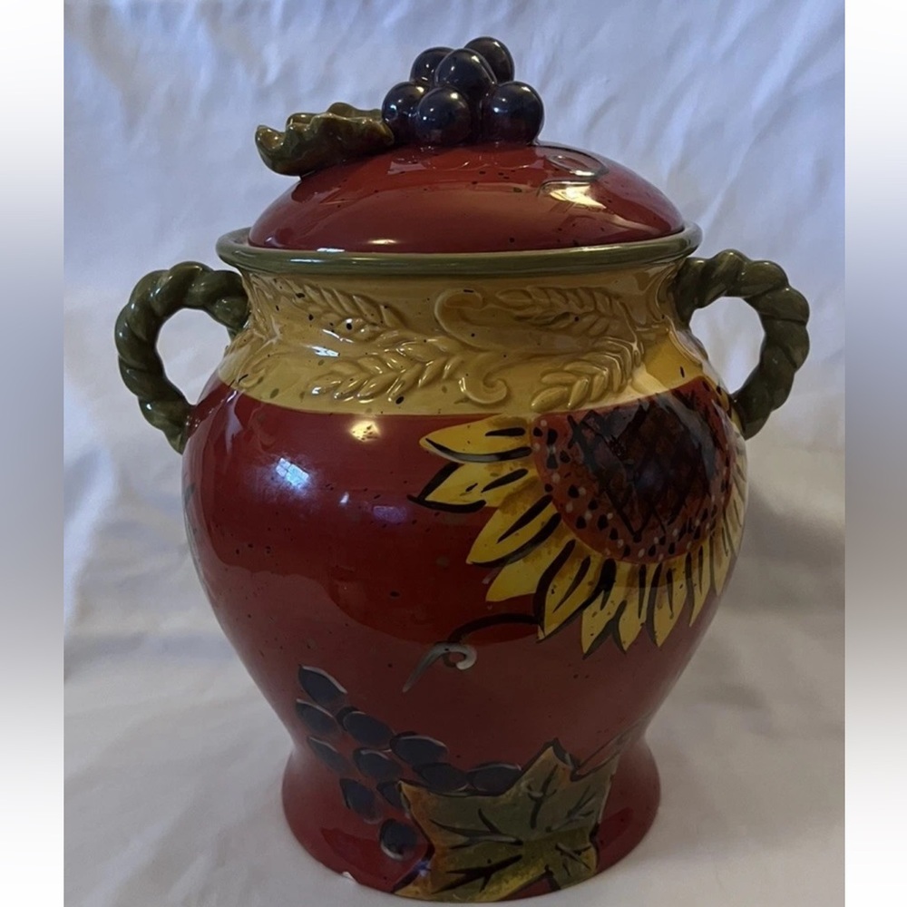 Handcrafted Ceramic Jar with Sunflower and Grape Motif